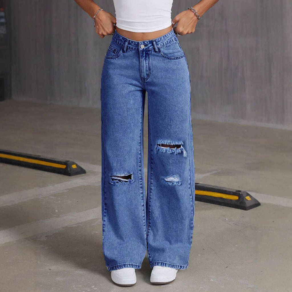 Ripped Knee Wide Leg Baggy Denim Jeans - DarkBlue