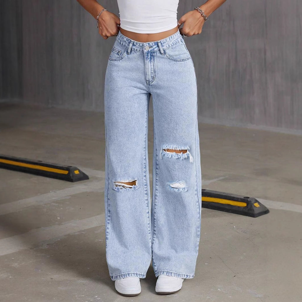 Ripped Knee Wide Leg Baggy Denim Jeans - LightBlue
