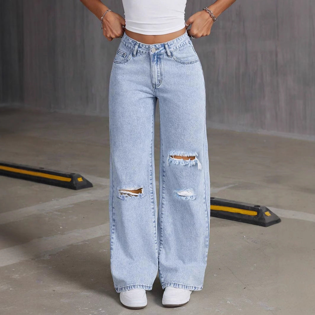 Ripped Knee Wide Leg Baggy Denim Jeans - LightBlue
