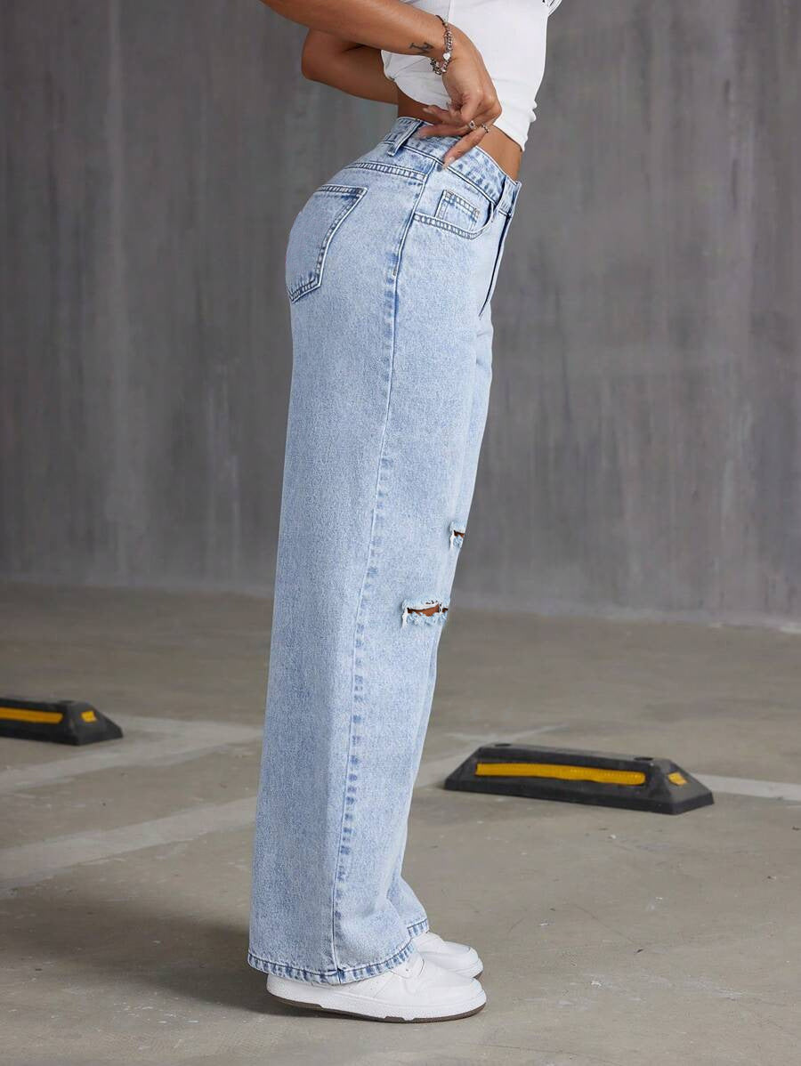 Ripped Knee Wide Leg Baggy Denim Jeans - view 1