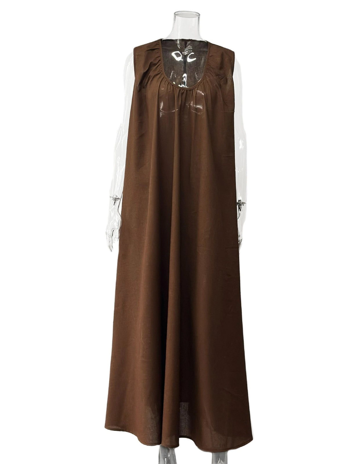 Scoop Neck Trapeze Maxi Dress - Brown
