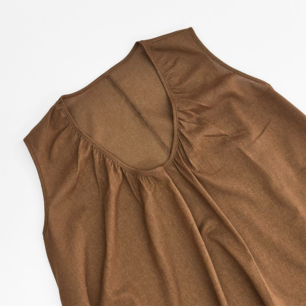 Scoop Neck Trapeze Maxi Dress - Brown - 2