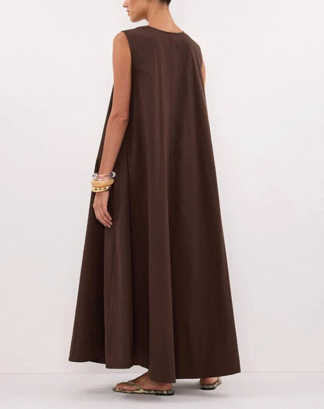 Scoop Neck Trapeze Maxi Dress - Brown - 6