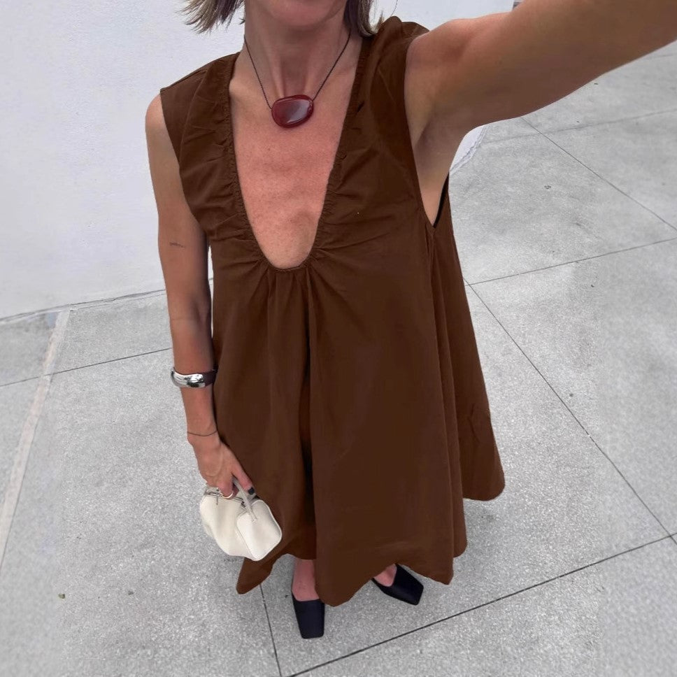 Scoop Neck Trapeze Maxi Dress - Brown - 7