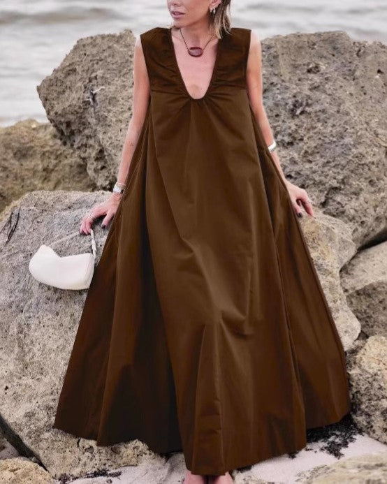 Scoop Neck Trapeze Maxi Dress - Brown - 8
