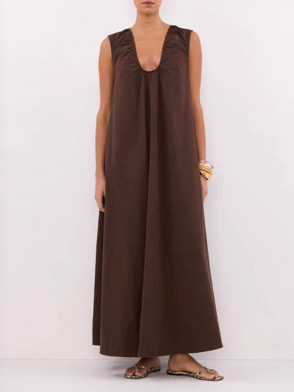 Scoop Neck Trapeze Maxi Dress - Brown - 9