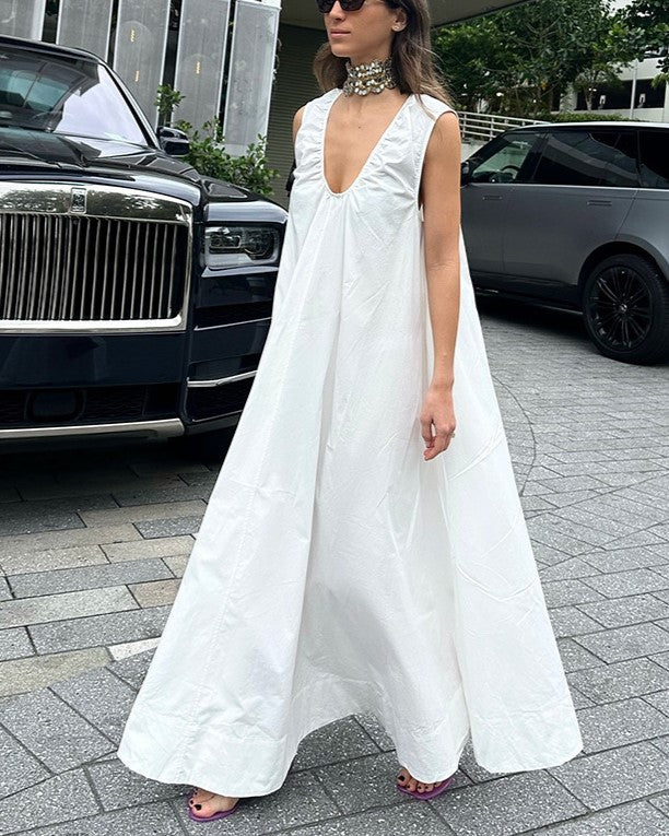 Scoop Neck Trapeze Maxi Dress - White - 1