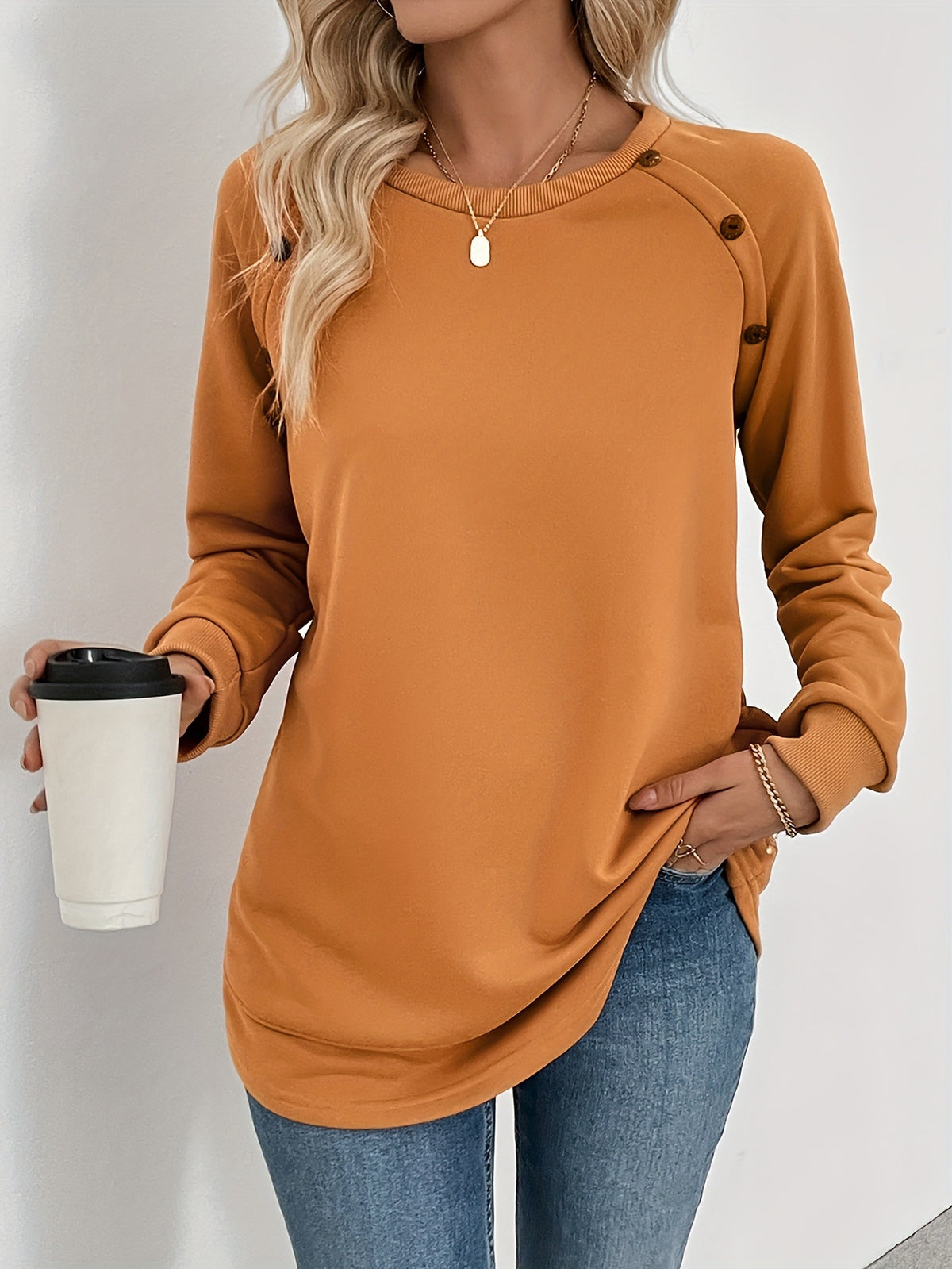 Button Detail Raglan Tunic Sweatshirt - Orange - 4