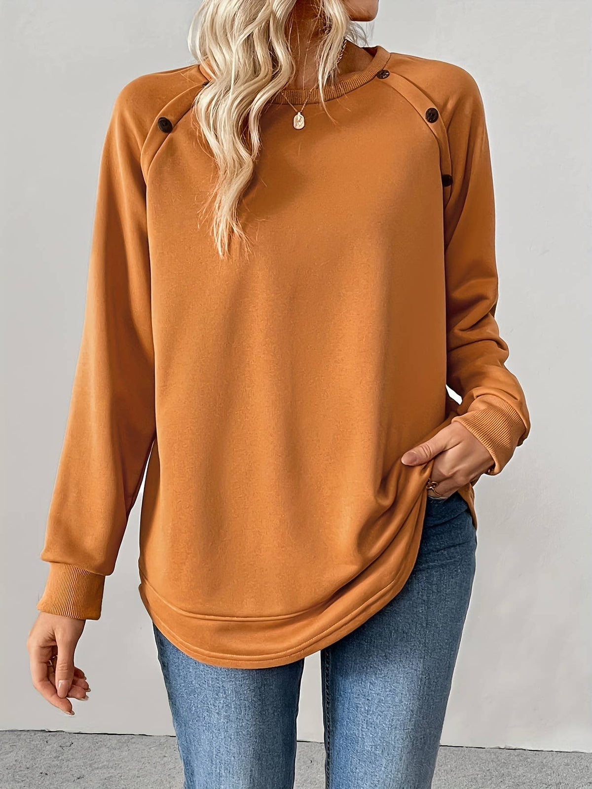 Button Detail Raglan Tunic Sweatshirt