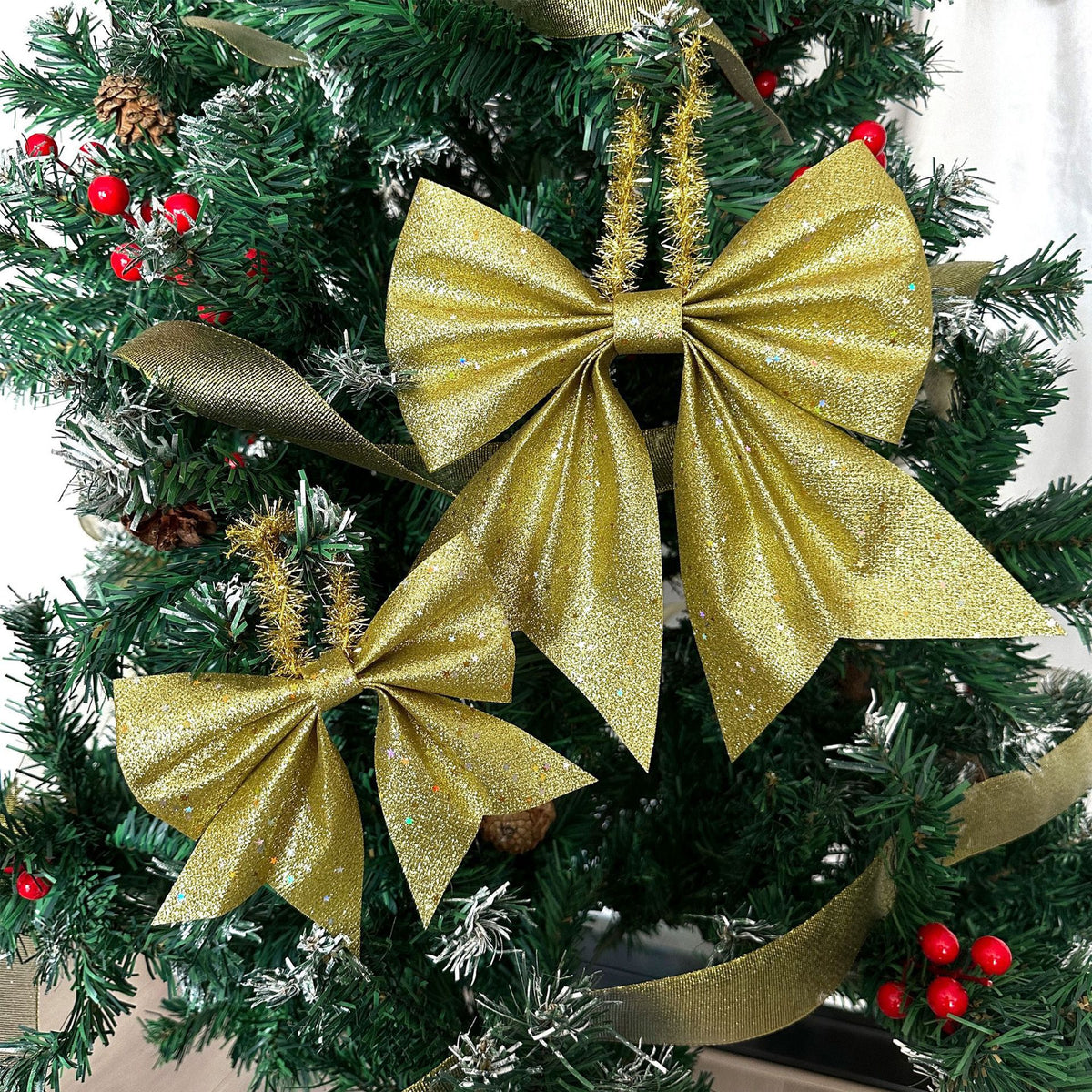 Glitter Christmas Tree Bows With Tinsel Hanging Loop