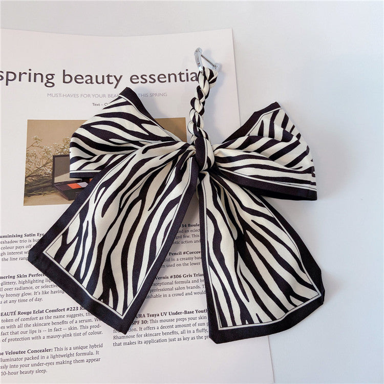 Printed Silky Scarf Bow Bag Charm - Black
