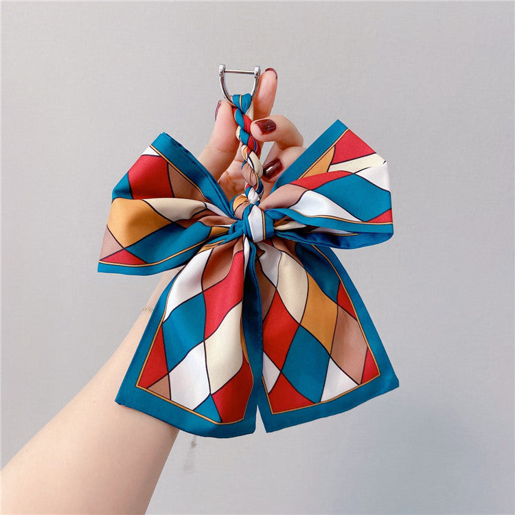Printed Silky Scarf Bow Bag Charm - Blue