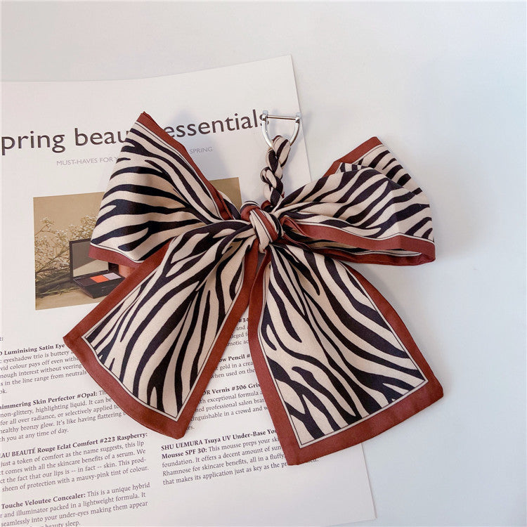 Printed Silky Scarf Bow Bag Charm - Coffee