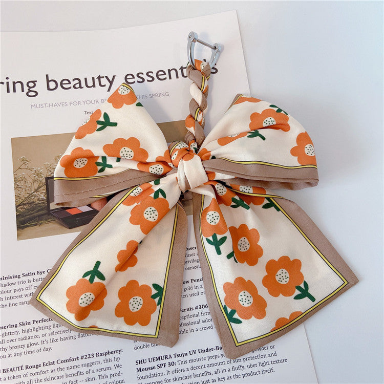 Printed Silky Scarf Bow Bag Charm - Orange