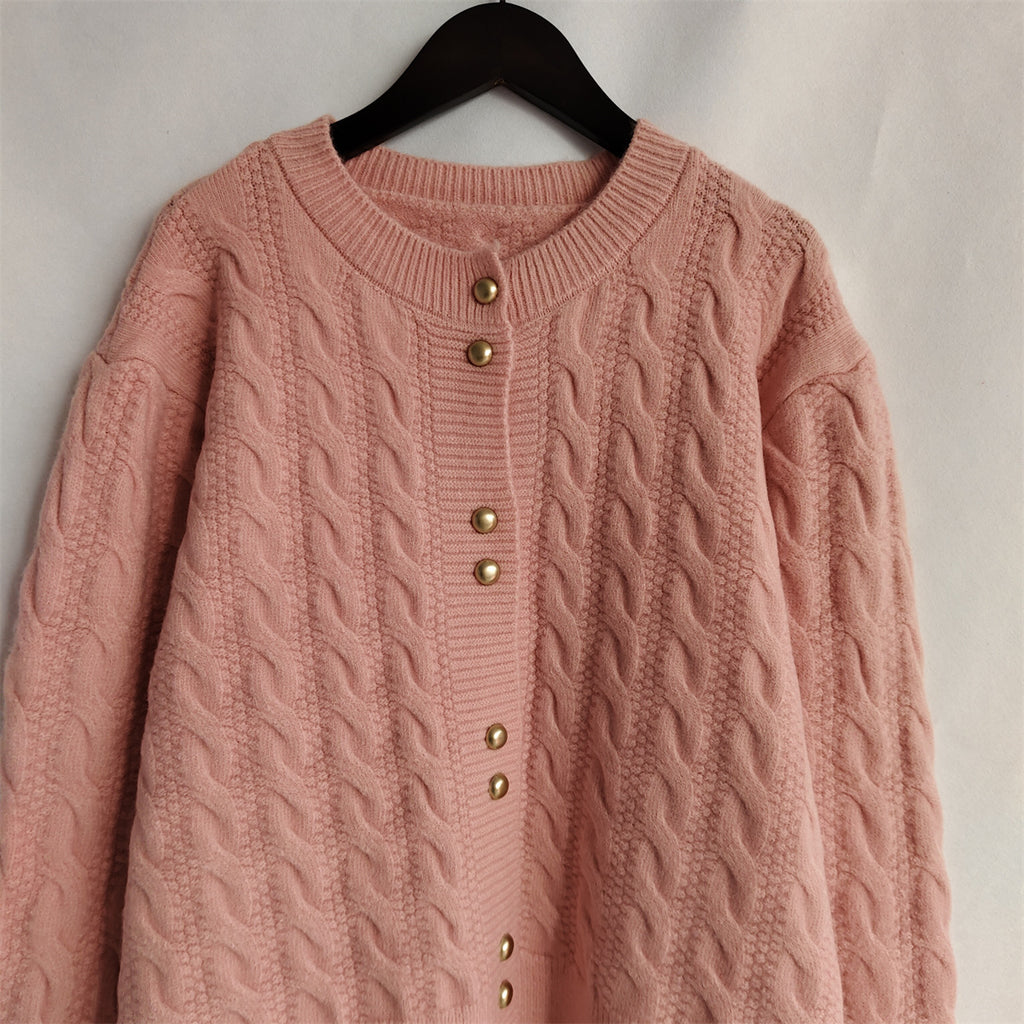 Scalloped Hem Cable Knit Cardigan - Pink - 1