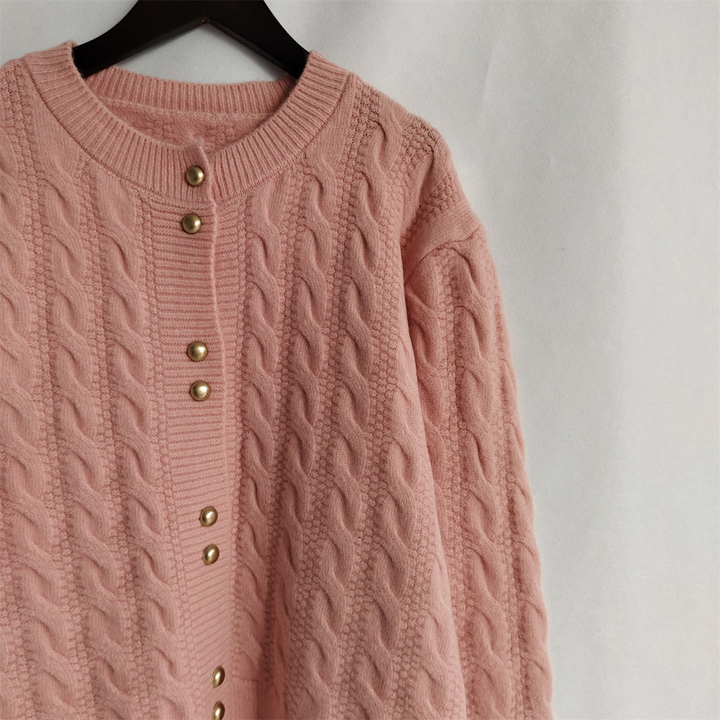 Scalloped Hem Cable Knit Cardigan - Pink - 2