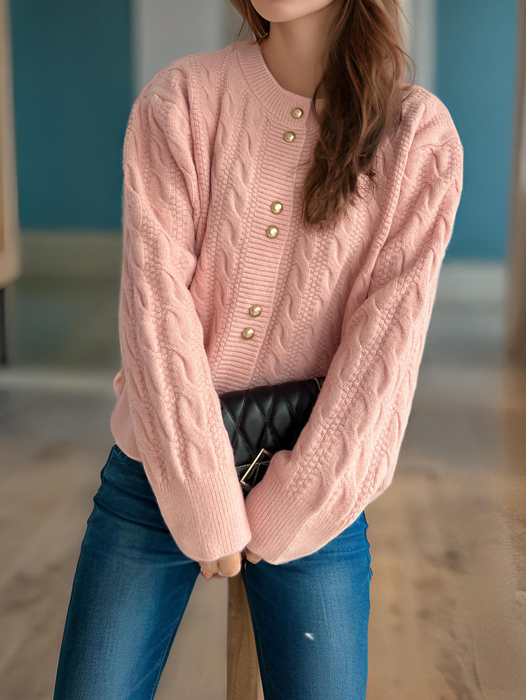 Scalloped Hem Cable Knit Cardigan - Pink - 5