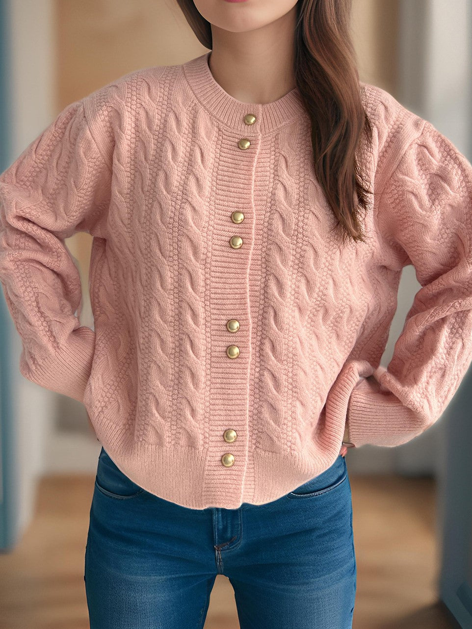 Scalloped Hem Cable Knit Cardigan - Pink - 6