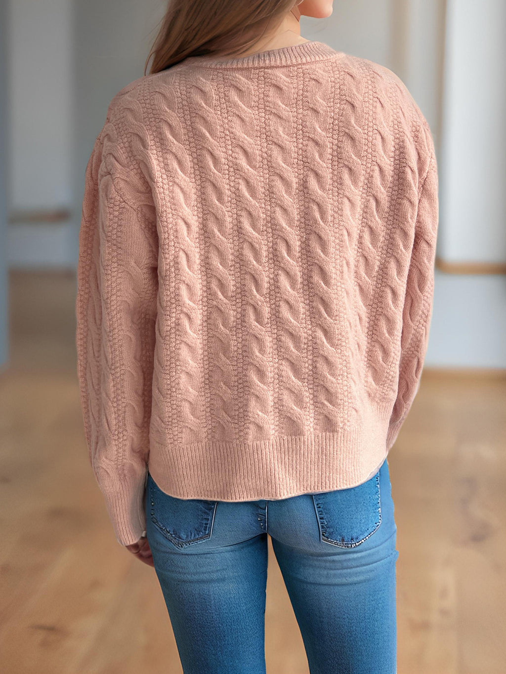 Scalloped Hem Cable Knit Cardigan - Pink - 9