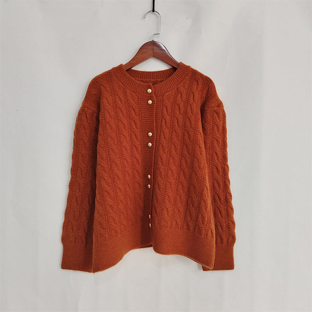 Scalloped Hem Cable Knit Cardigan - caramel