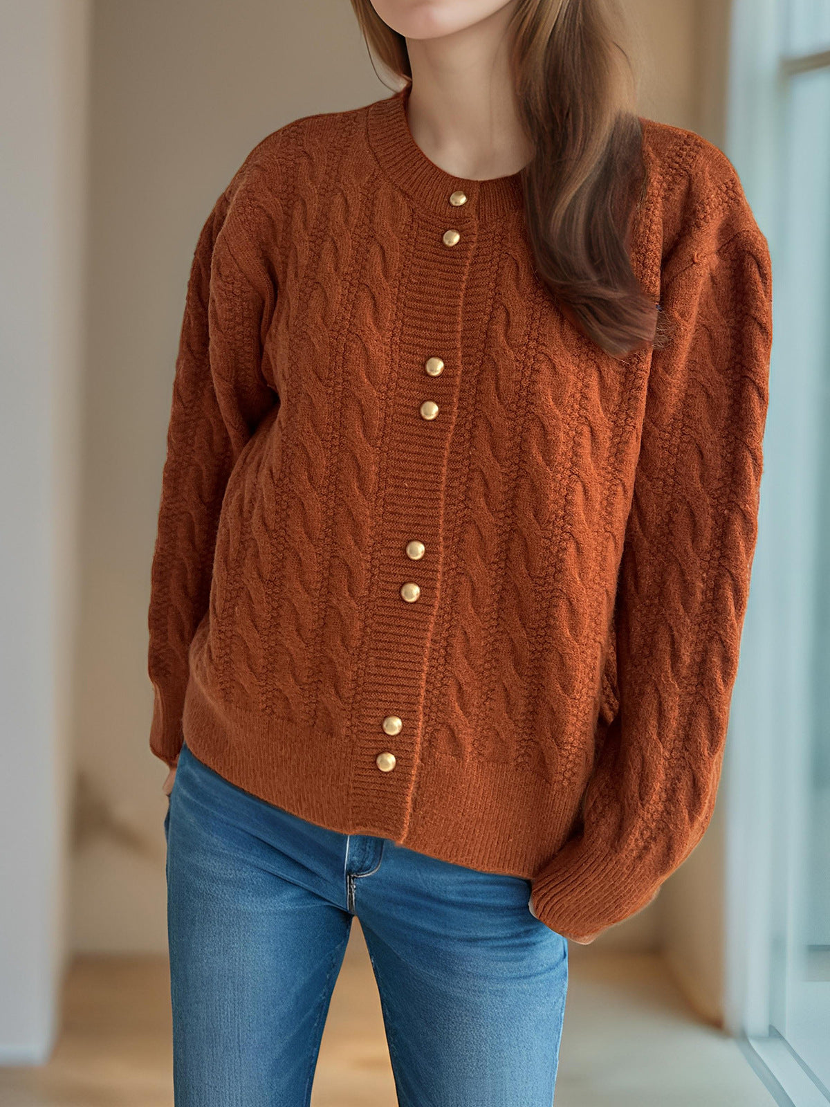 Scalloped Hem Cable Knit Cardigan - caramel - 2
