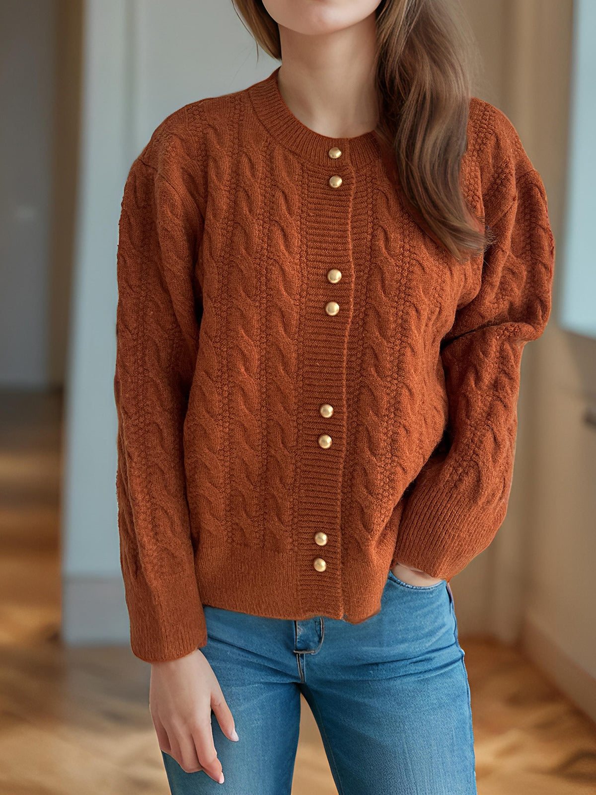 Scalloped Hem Cable Knit Cardigan - caramel - 3