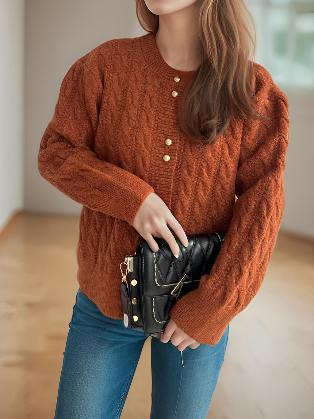 Scalloped Hem Cable Knit Cardigan - orange - 2