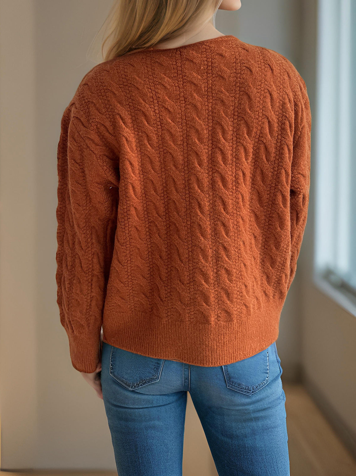 Scalloped Hem Cable Knit Cardigan - orange - 4