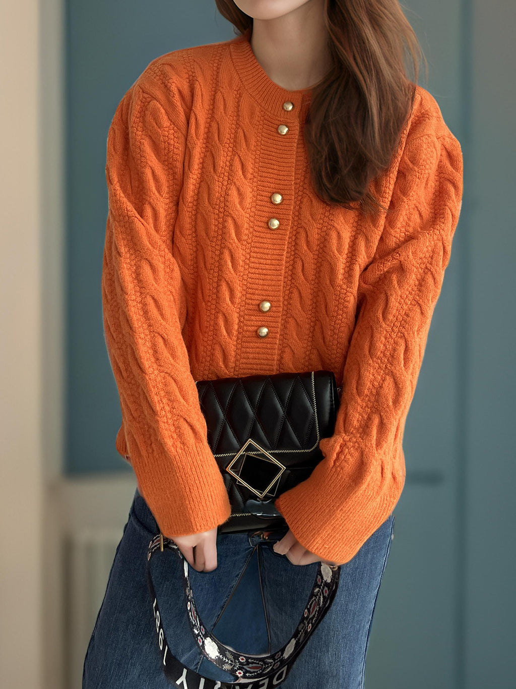 Scalloped Hem Cable Knit Cardigan - orange - 5
