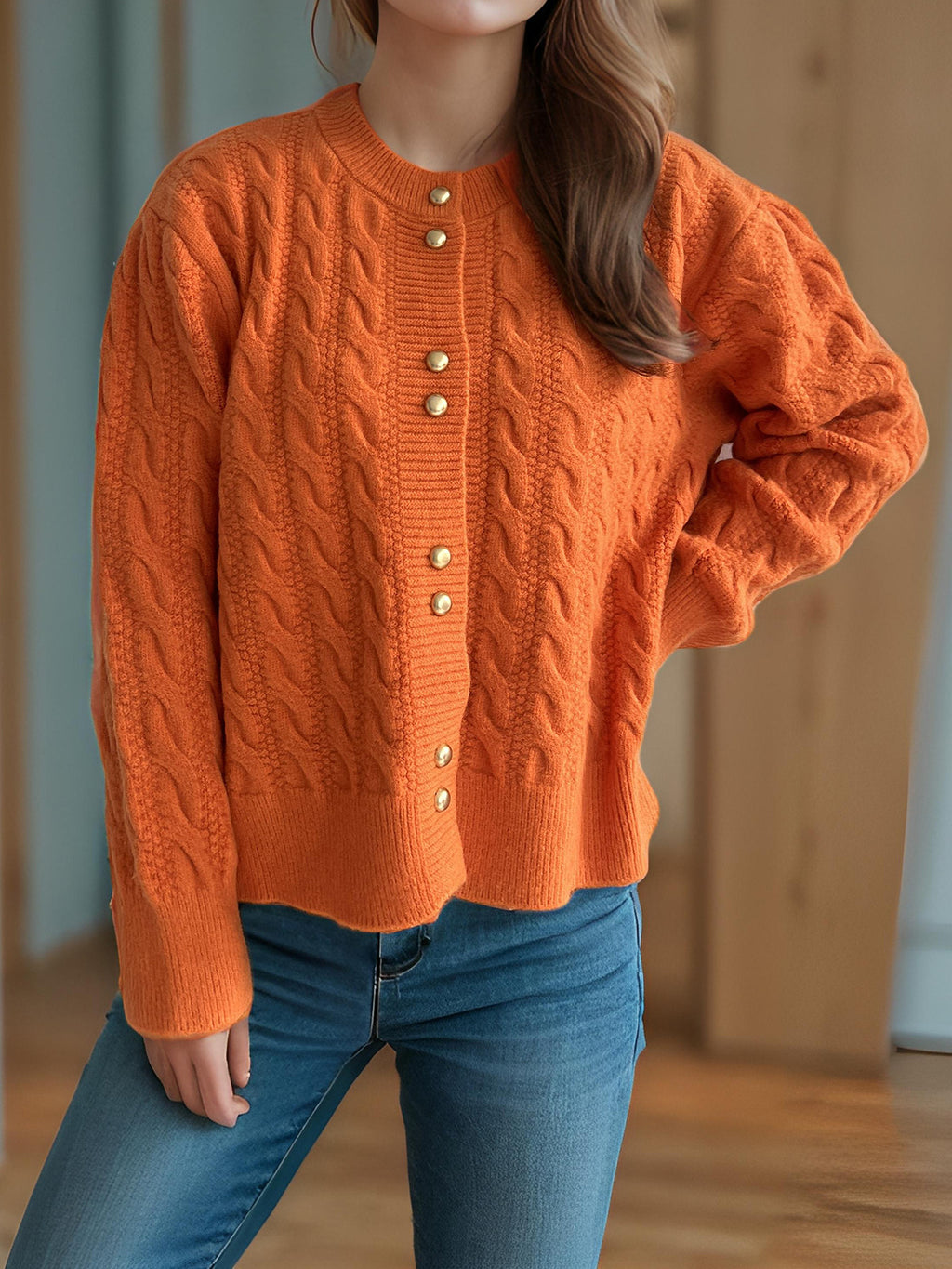 Scalloped Hem Cable Knit Cardigan - orange - 6