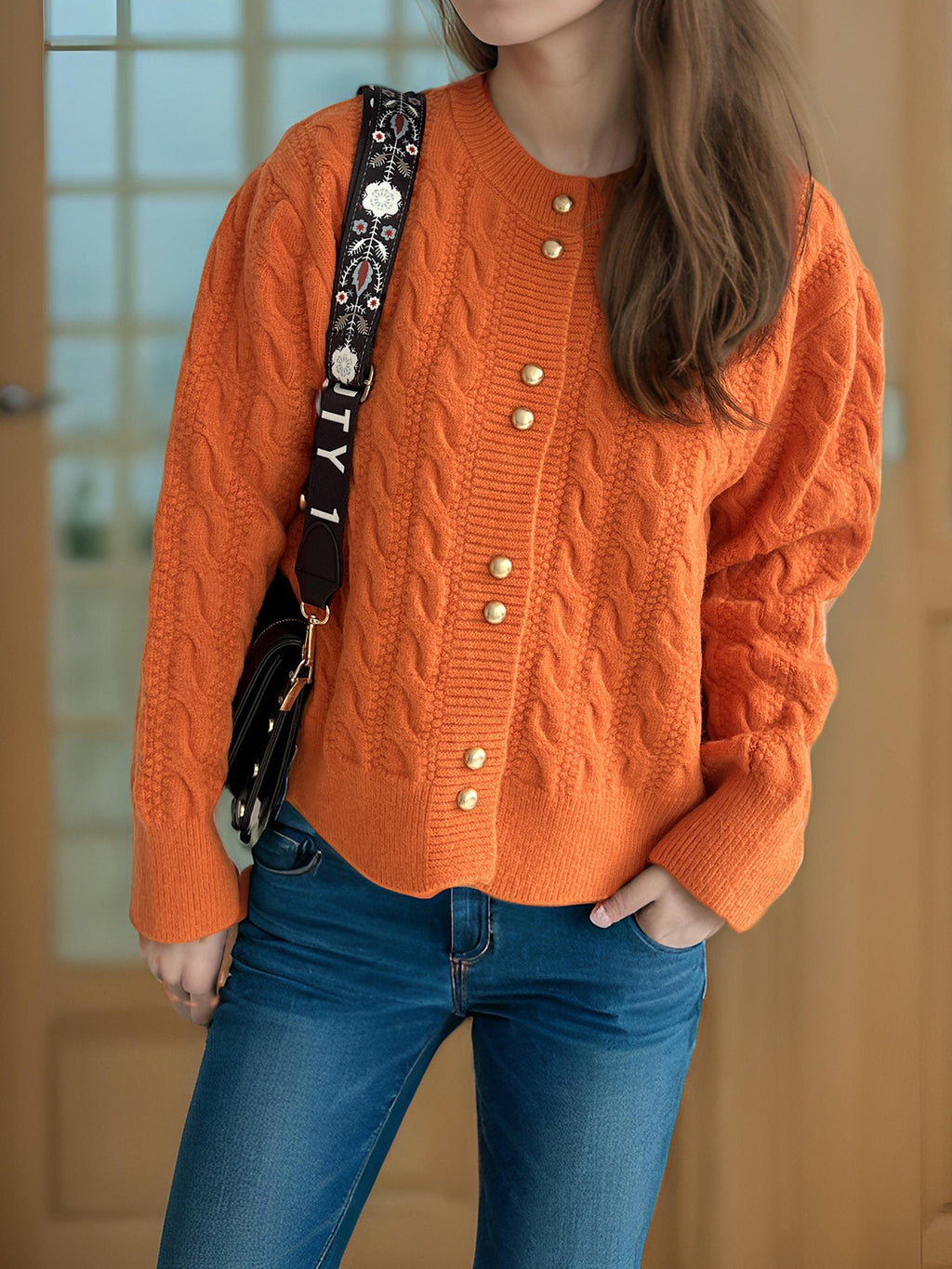 Scalloped Hem Cable Knit Cardigan - orange - 8