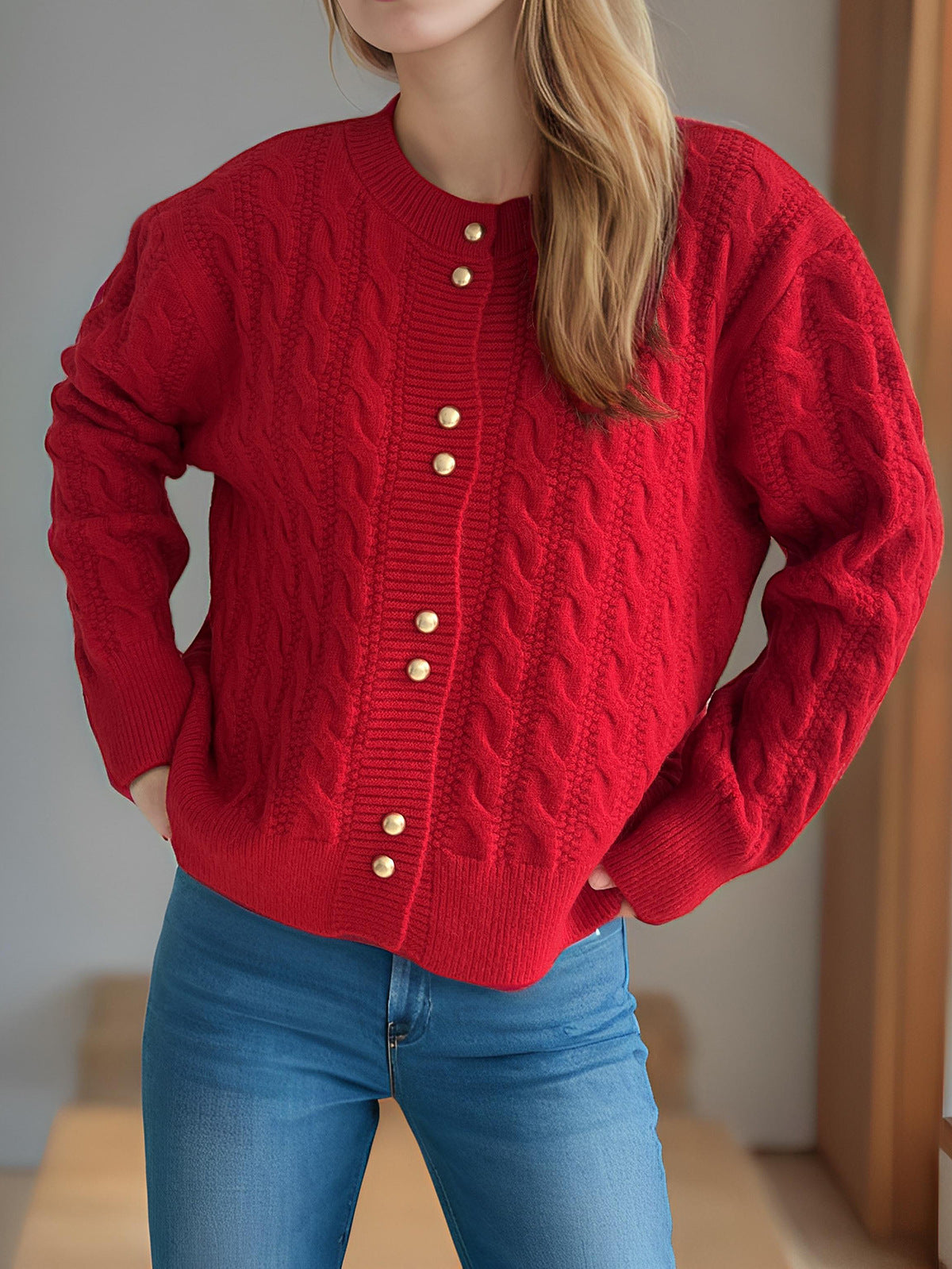 Scalloped Hem Cable Knit Cardigan - red