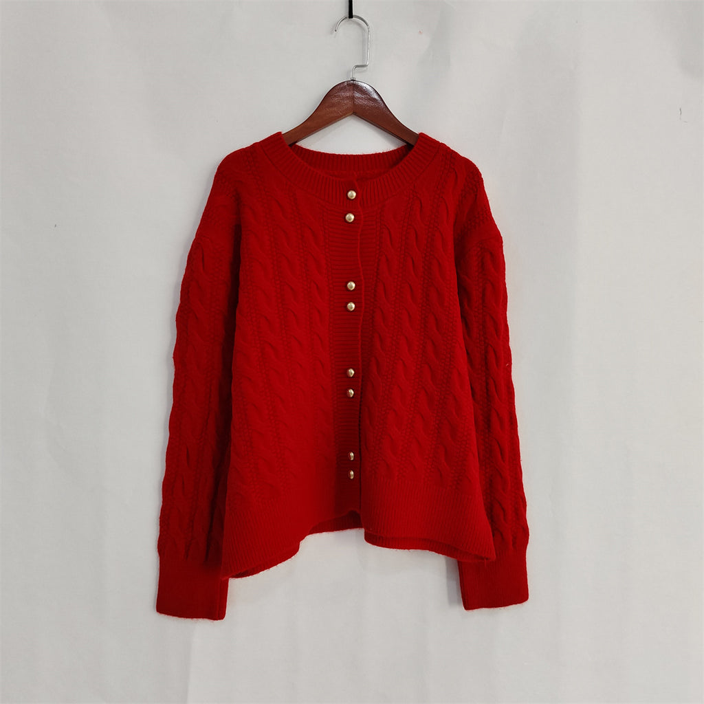 Scalloped Hem Cable Knit Cardigan - red - 1