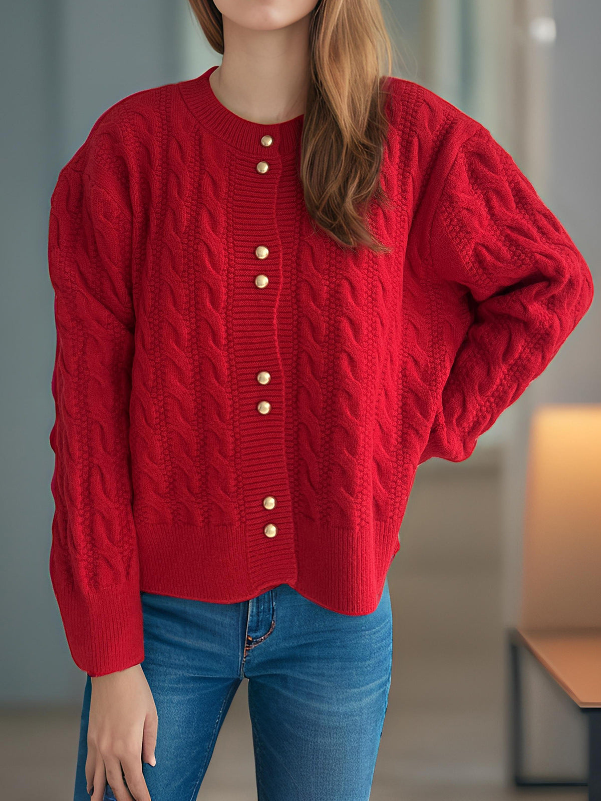 Scalloped Hem Cable Knit Cardigan - red - 4