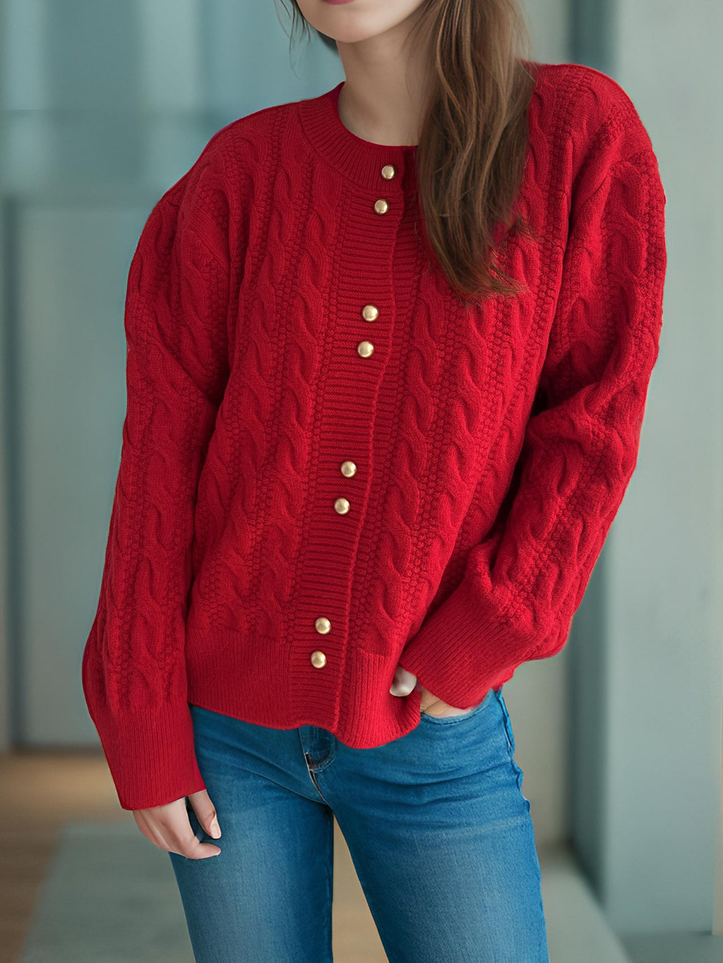 Scalloped Hem Cable Knit Cardigan - red - 5