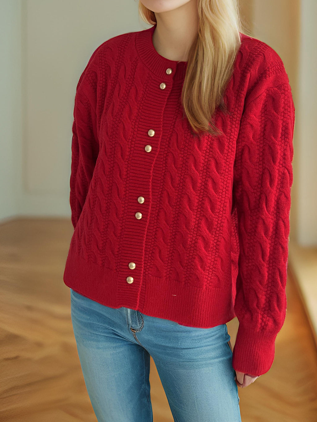 Scalloped Hem Cable Knit Cardigan - red - 6