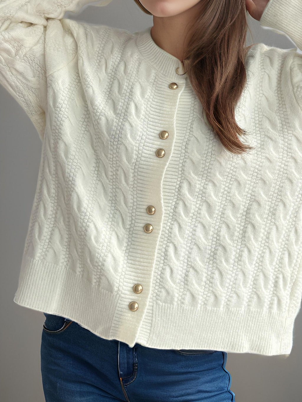 Scalloped Hem Cable Knit Cardigan - white - 2