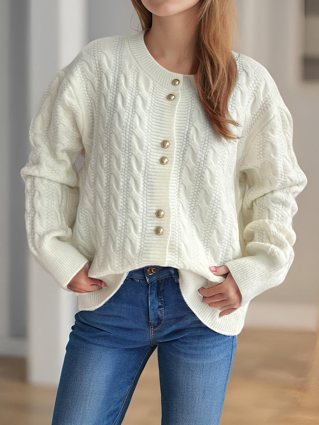 Scalloped Hem Cable Knit Cardigan - white - 3
