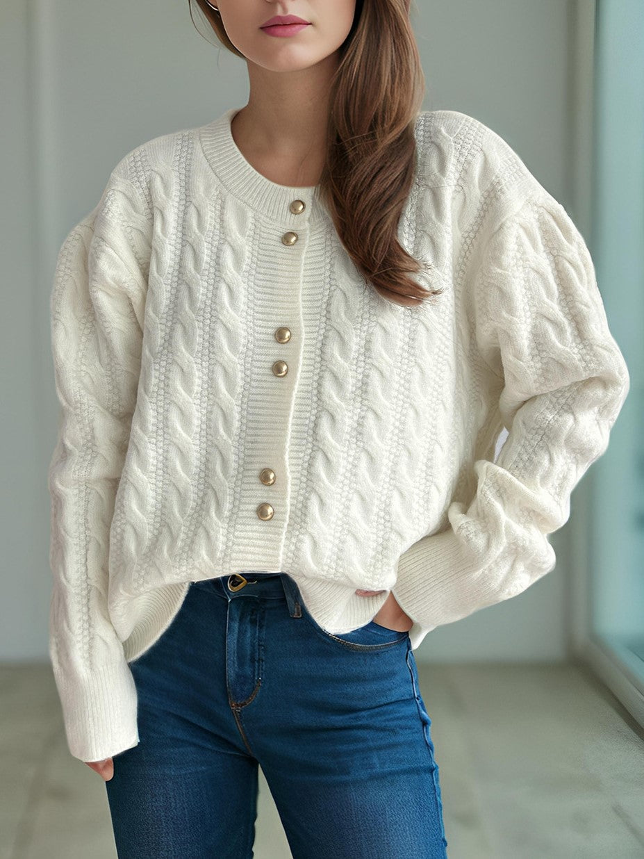 Scalloped Hem Cable Knit Cardigan - white - 4