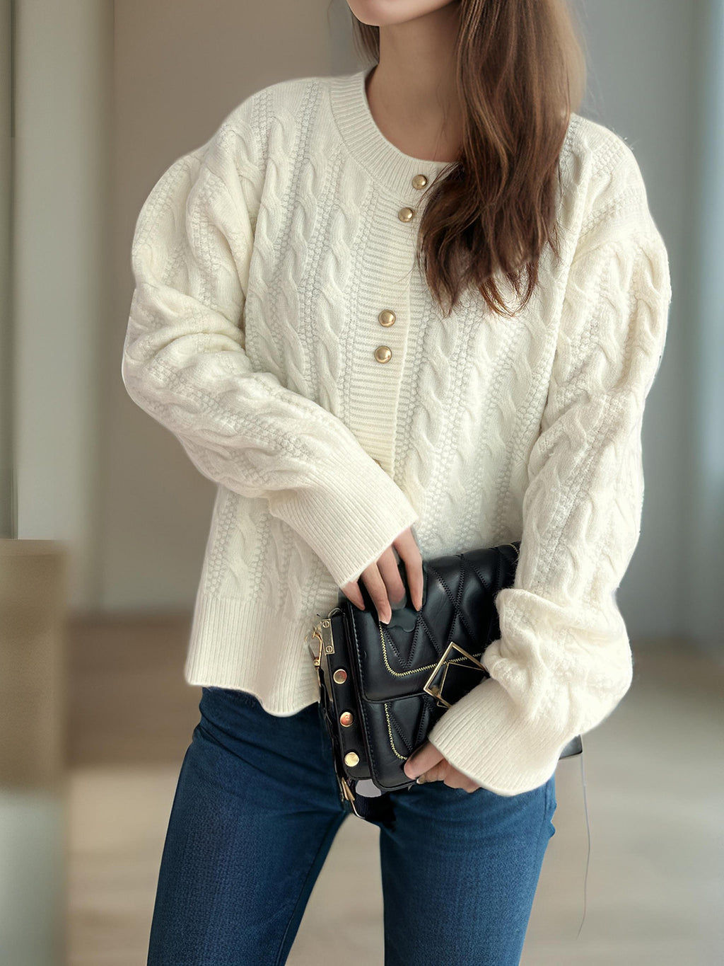 Scalloped Hem Cable Knit Cardigan - white - 5