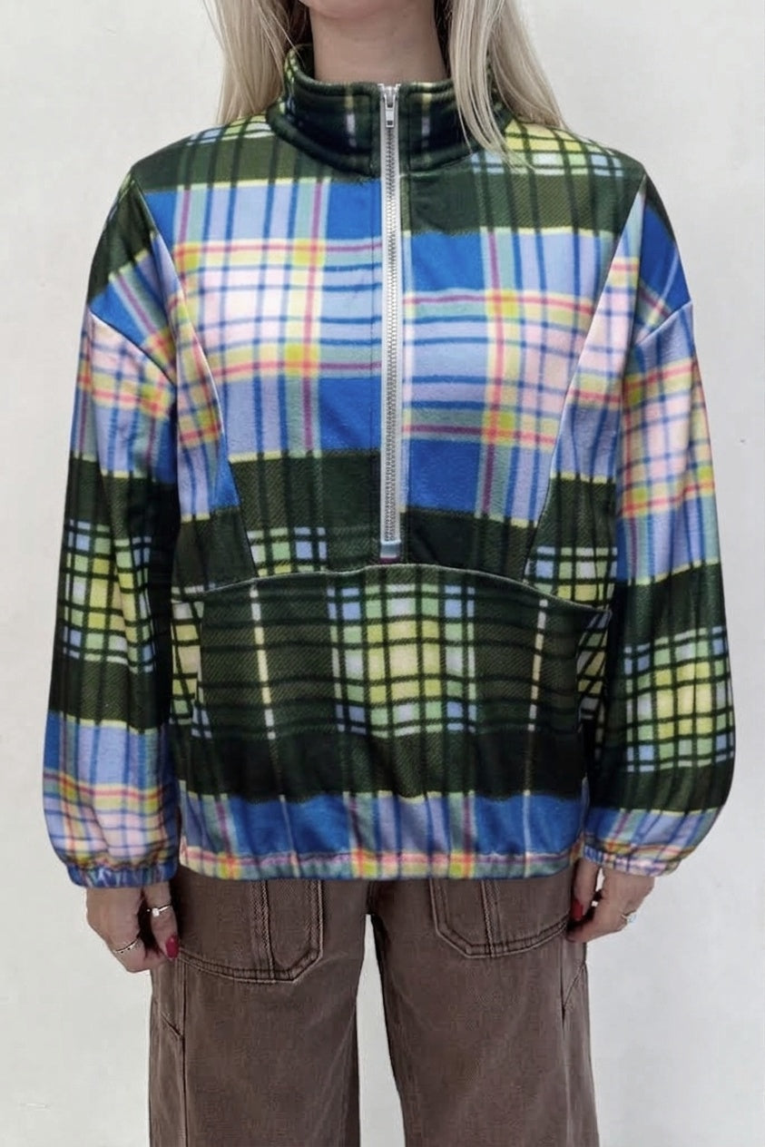 Checked Fleece Half Zip Stand Collar Jacket - Green
