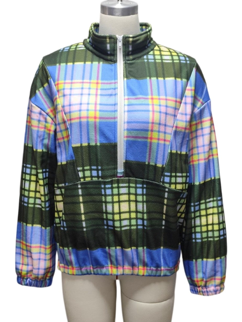 Checked Fleece Half Zip Stand Collar Jacket - Green - 1