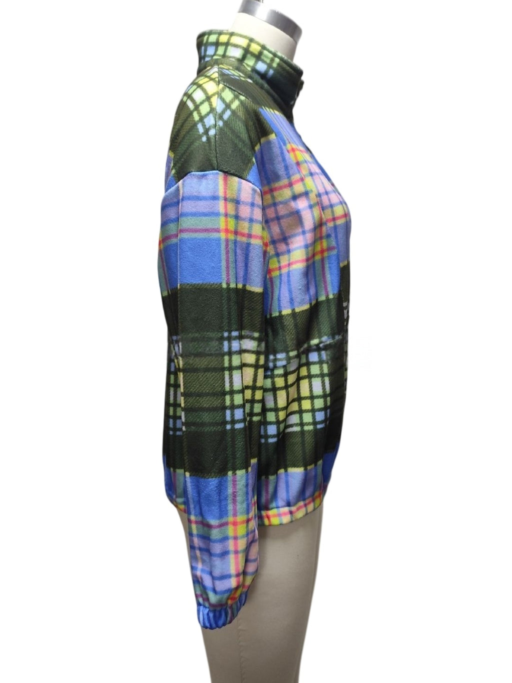 Checked Fleece Half Zip Stand Collar Jacket - Green - 2