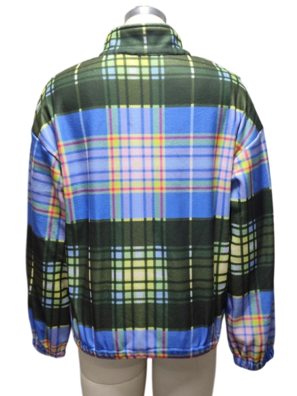 Checked Fleece Half Zip Stand Collar Jacket - Green - 3