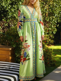Bird And Floral Print V Neck Maxi Dress - Green
