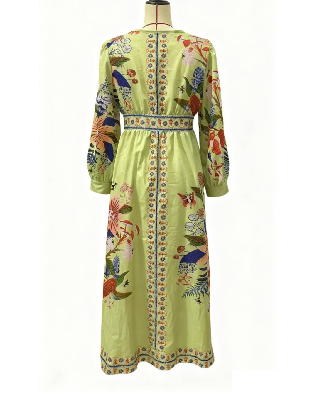 Bird And Floral Print V Neck Maxi Dress - Green - 1