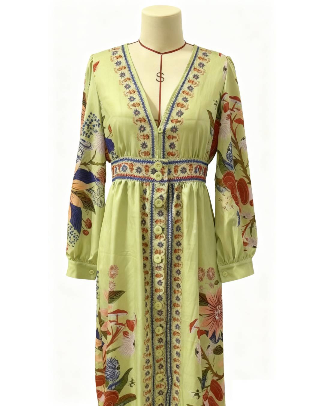 Bird And Floral Print V Neck Maxi Dress - Green - 2