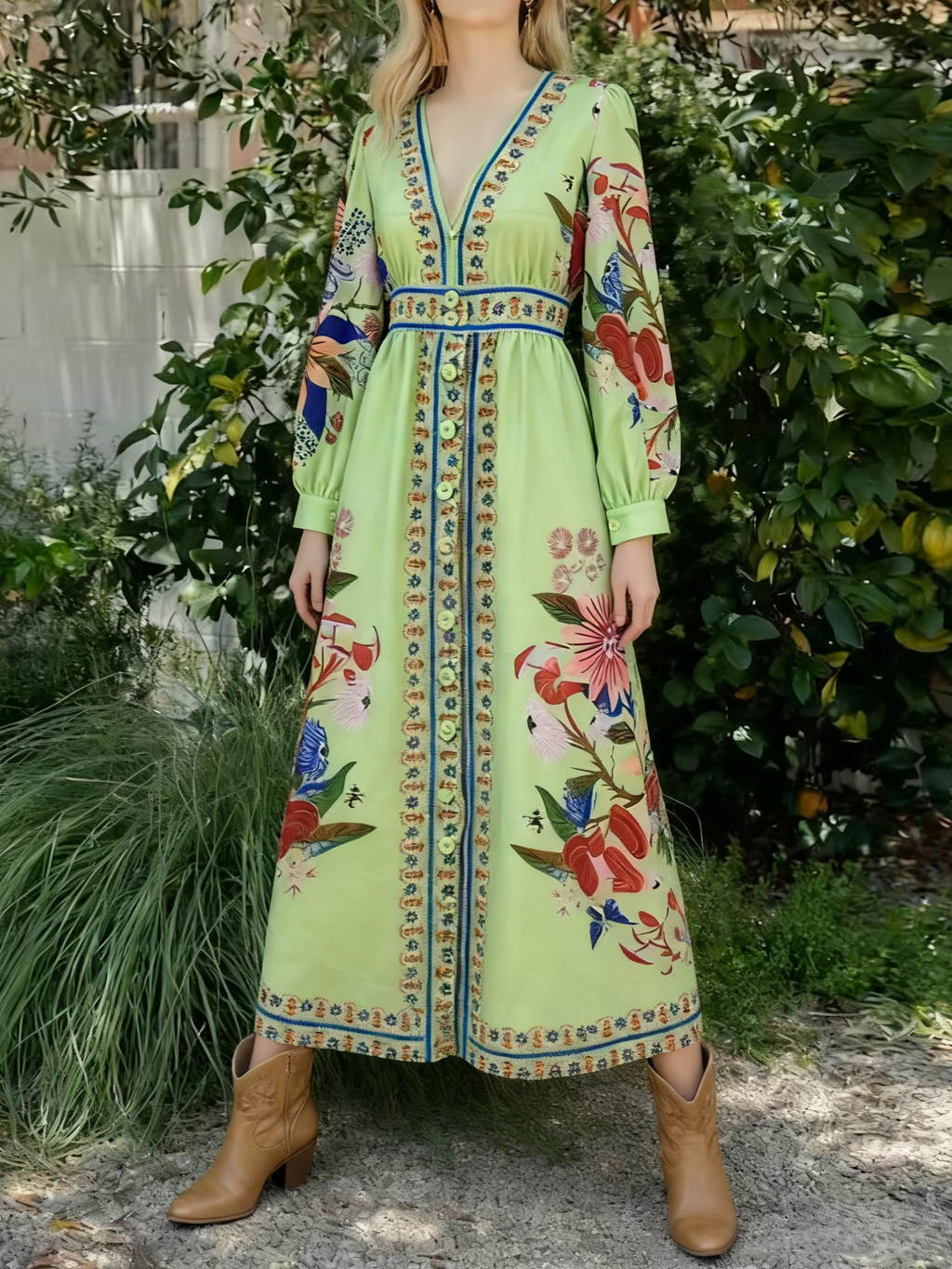 Bird And Floral Print V Neck Maxi Dress - Green - 3