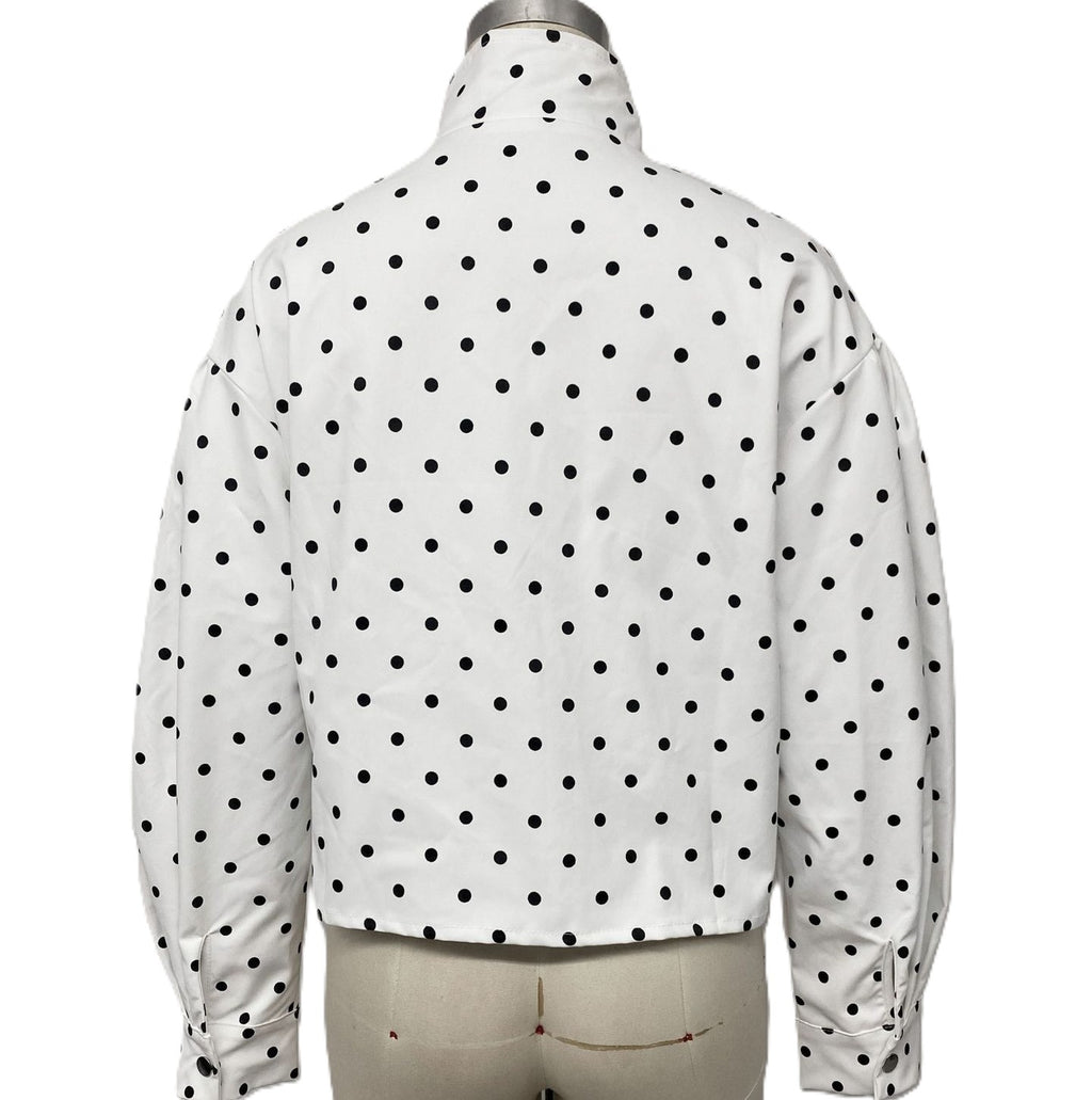 Cropped Dot Print Stand Collar Jacket - White - 3
