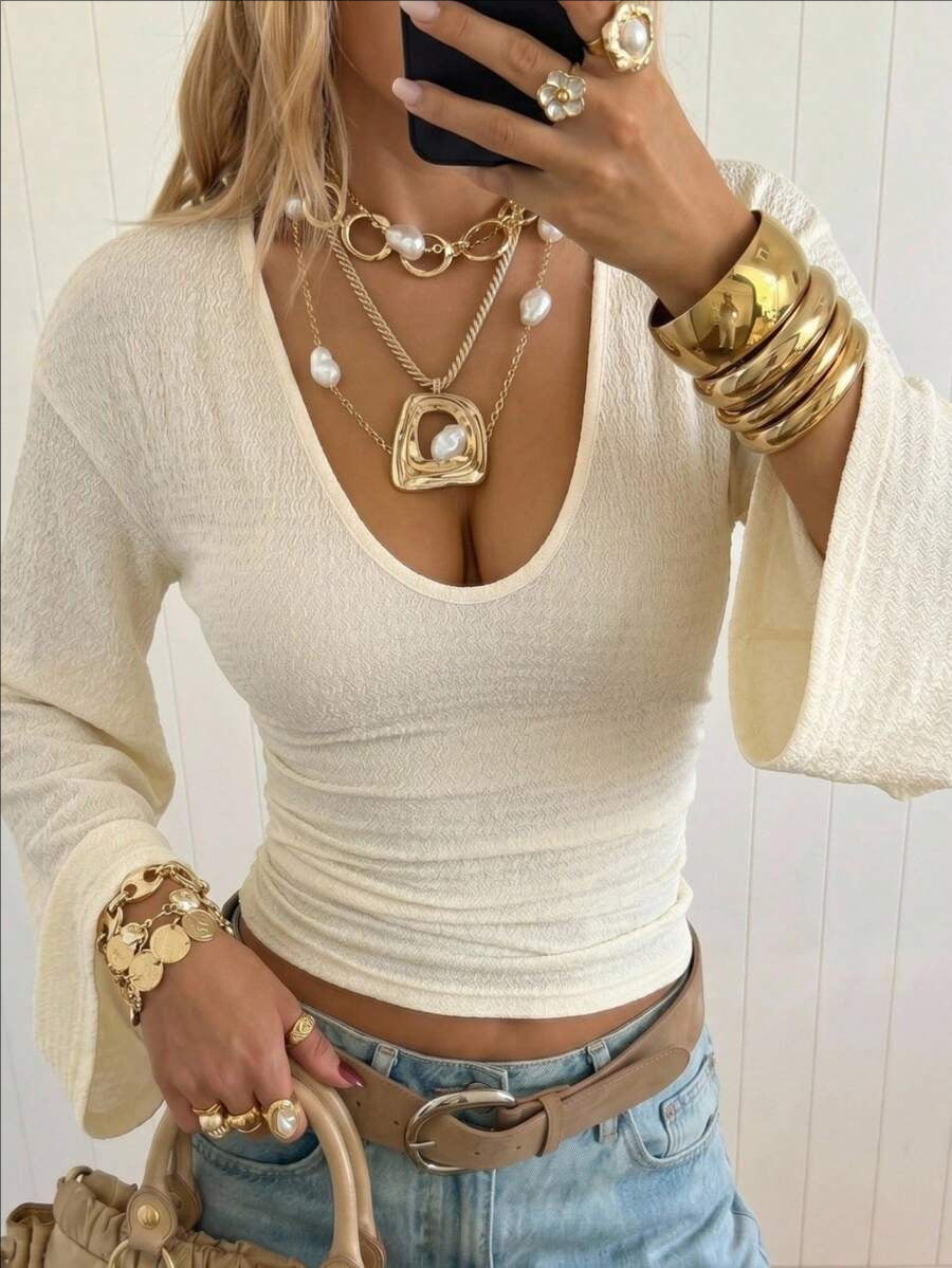 Ribbed Deep U-Neck Crop Top with Flared Bell Sleeves - view 4